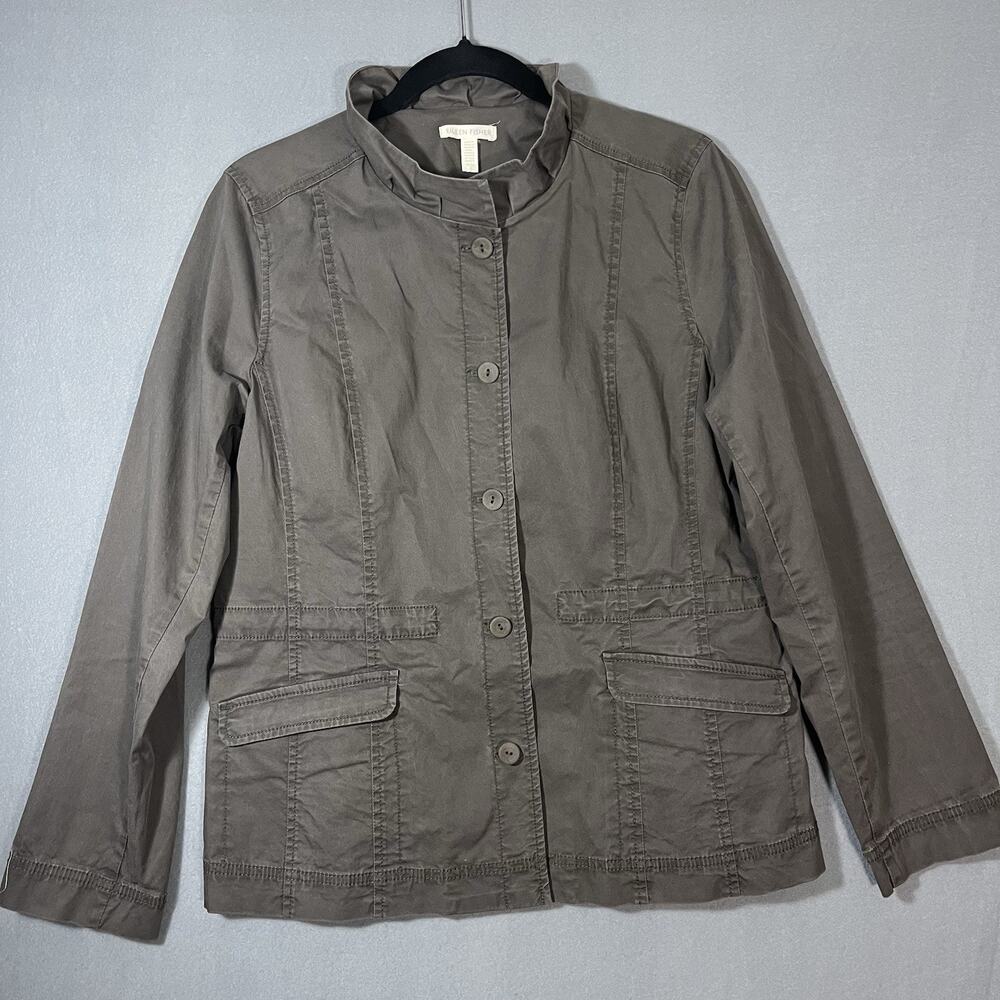 Eileen Fisher Womens Ruffle Collar Jacket Medium Tan Stretch Button Down Blazer